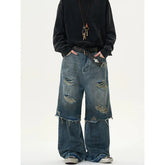 Threebooy Blue Vintage Ripped Harajuku Loose Fit Jeans Y2K Hollow Out Wide Leg Trashy Pants Women's Baggy Tassel Street Denim Trouser